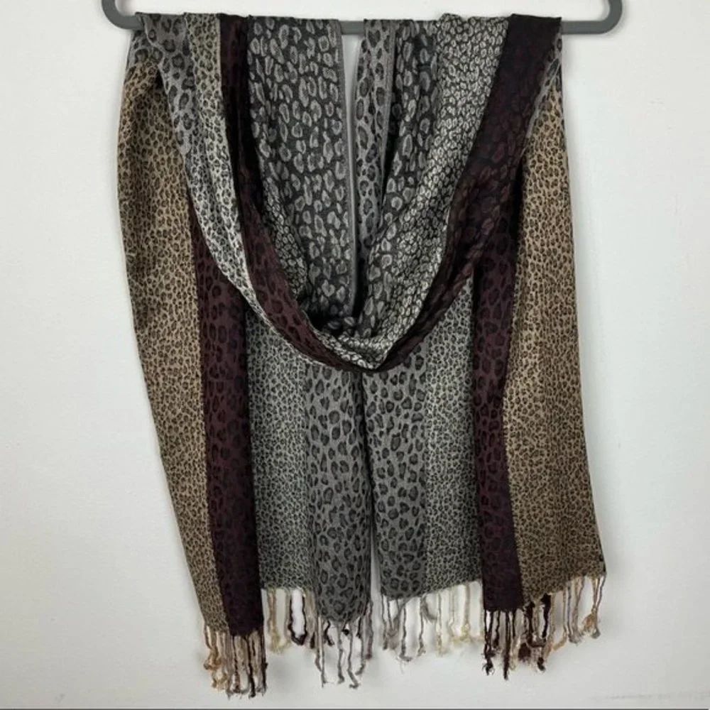 Color Block Striped Animal Print Scarf Shawl with Fringe